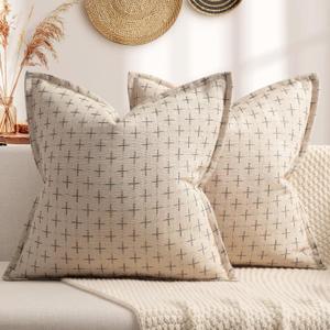 ZWJD Pillow Covers 18x18 Set of 2 Soft Polyester Textured Pillow Covers with Stylish Flange Edge Cozy Farmhouse Throw Pillows for Couch Bed Sofa Living Room (Beige)