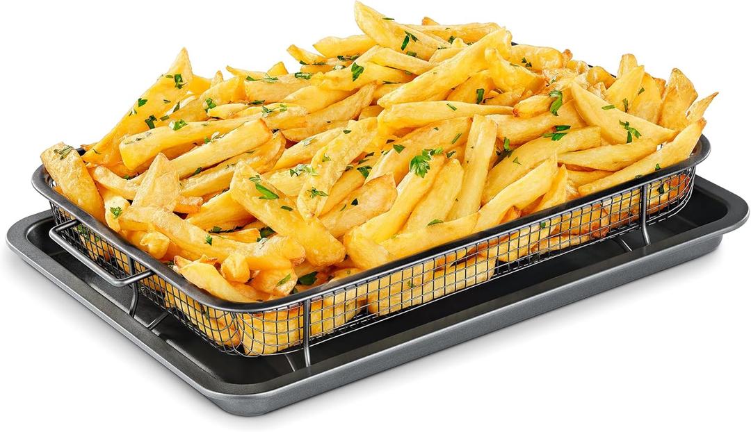 Bakken-Swiss Air Fryer Tray, 2 in 1 Nonstick Crisper Air Fry Basket w/Elevated Mesh Great for Oven, Dishwasher Safe  Ceramic Coating PTFE/PFOA/PFOS FREE Extra-large (9.5"x13", Gray)