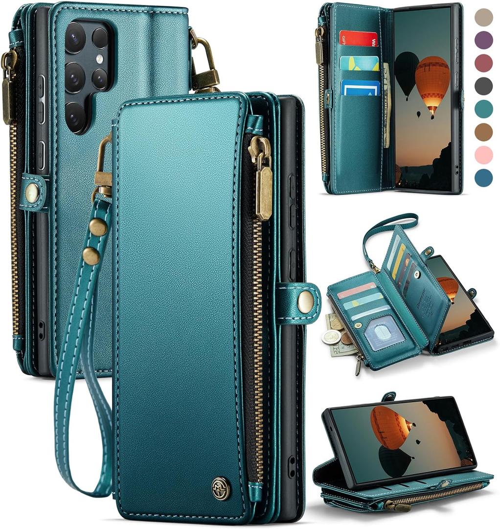 Defencase for Galaxy S25 Ultra Case Wallet with RFID Blocking Card Holder for Women Men, PU Leather Magnetic Snap Flip Wristlet Strap Zipper Wallet Phone Cases for Samsung Galaxy S25 Ultra 6.9", Green