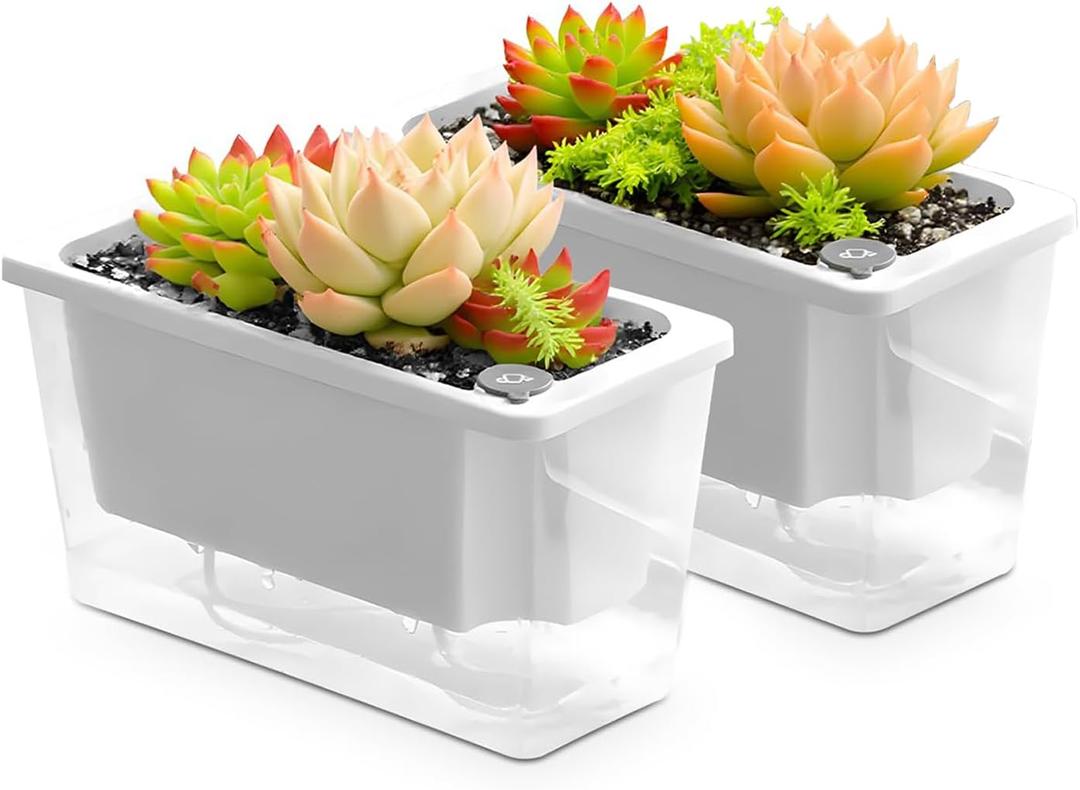 Window Box Planter, 2 Pack 10 Inch Plastic Self Watering Pots for Indoor Plants, Rectangular Flower Pots with Reservoir for Outdoor Indoor Plants Garden Home Decor - White