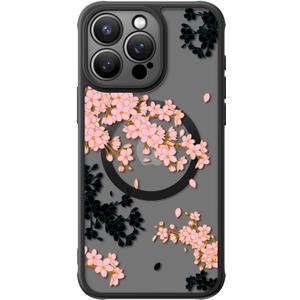 FUNMIKO Case for iPhone 14 Pro - Wireless Charging & Military-Grade Protection - Wildflower Design for Women Girls, Non-Slip Matte Cover Shock-Absorbing Corners - Black and Pink Cherry Blossoms