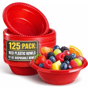Red Plastic Bowls 12 Oz, Disposable Party Bowls - Red Soup Bowls (125 Pack)