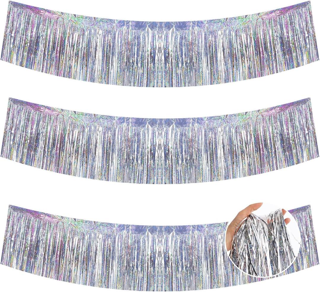 BEISHIDA 3 Packs 30 Feet Metallic Foil Fringe Garland Tinsel StreamersLaser Silver Wall Hanging Tinsel Fringe Banners for Wedding Birthday Party Decoration Halloween Christmas New Year
