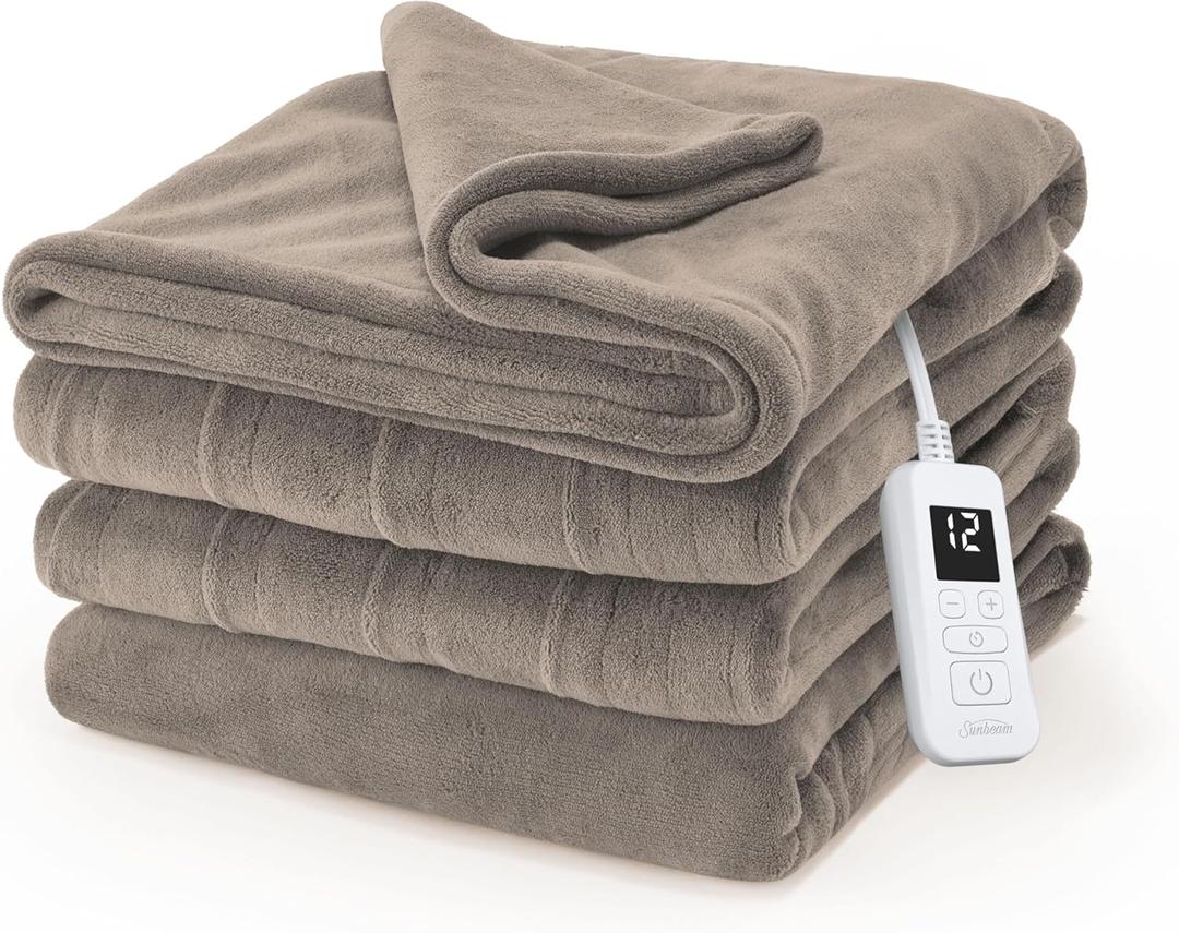 Sunbeam Electric Royal Luxe Microplush Heated Blanket, 12 Heat Settings, 12-Hour Auto Shut-Off, Fast Heating, Warm & Cozy, Machine Washable, Mushroom Color, Full (84" x 72")