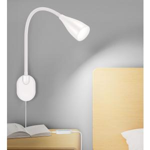 Wall-Mounted LED Bedside Reading Light with USB Charging Port, 10-Level Dimmable & Adjustable 5 Color, Plug-in Adhesive Night Lamp for Books in Bed, Eye-Caring Bedroom Lighting (White)