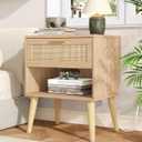 Keehusux 17.7" W x 15.7" D Rattan Nightstand Set of 2, Night Stand with Charging Station, Bedside Table with Open Shelf & Solid Wood Legs, Boho Night Stand with Drawer, End Table for Bedroom, Natural