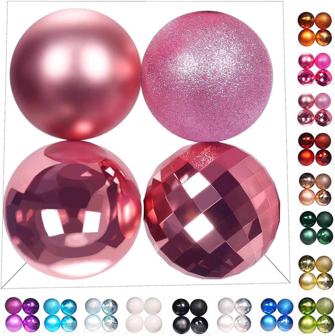 Emopeak 4Pcs Christmas Balls Ornaments for Xmas Christmas Tree - 4 Style Shatterproof Christmas Tree Decorations Hanging Ball for Holiday Wedding Party Decoration (Pink, 4"/10CM)