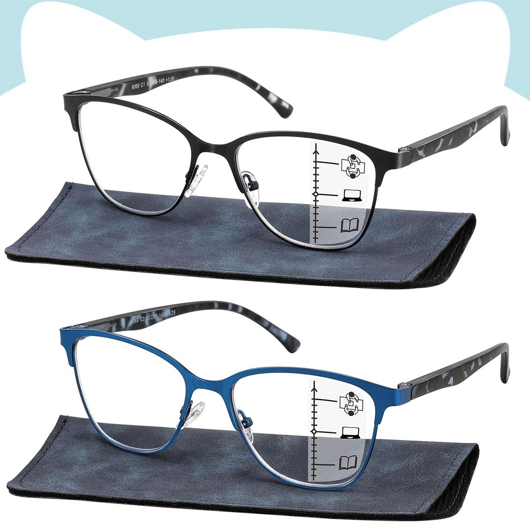 Progressive Multifocal Reading Glasses Women Cat Eye No Line Multifocus Transition Blue Light Reader Lady Metal Frame