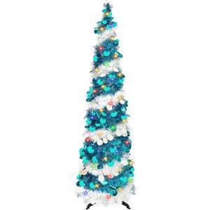 5FT Pop Up Christmas Tree, Collapsible Artificial Blue Christmas Trees with 90 LED Lights, Tinsel Small Pencil Christmas Tree for Home Holiday Fireplace Party Indoor Outdoor Xmas Decorations