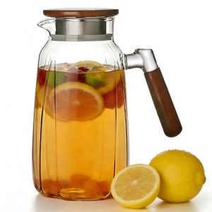 Glass Pitcher with Lid & Wooden Handle - 1.8L Borosilicate Iced Tea Pitcher, Glass Carafe for Hot/Cold Water, 60 oz Fridge Water Jug for Cold Brew, Milk, Glass Juice Pitcher for Family Party.