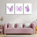 3Pcs Butterfly Canvas Wall Art Purple Butterfly Posters Pictures Minimalist Cute Animal Paintings Aesthetic Preppy Room Prints for Girls Bedroom Nursery Home Wall Decor Gift Framed