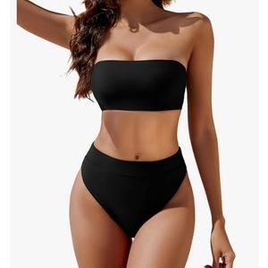 YACUN Women's High Waisted Bikini Swimsuit Two Piece Strapless Bandeau Cheeky Bathing Black L YACUN Women's High Waisted Bikini Swimsuit Two Piece Strapless Bandeau Cheeky Bathing Black L