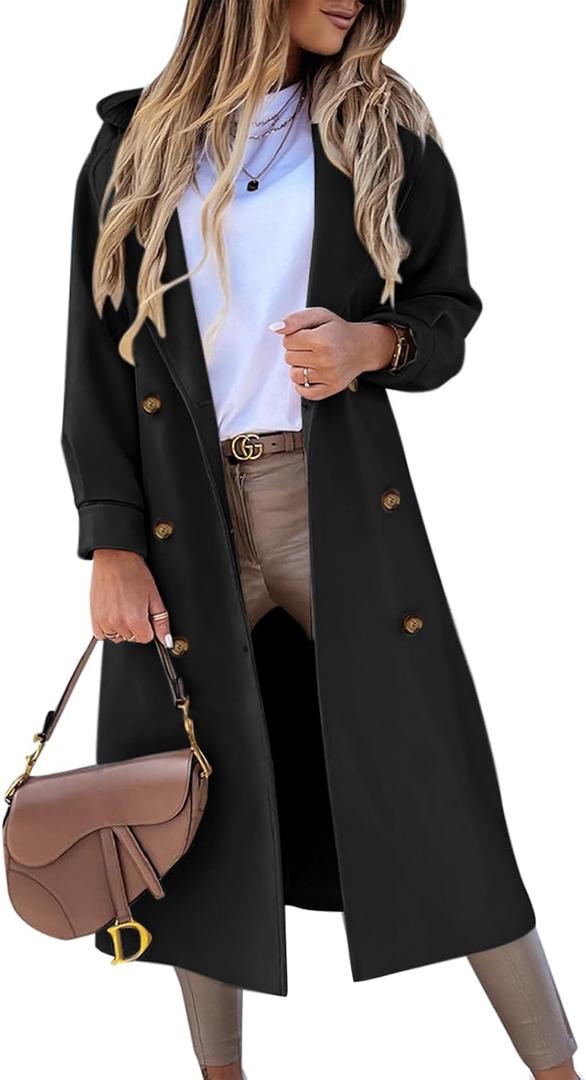 BZB Women's Long Coat Notched Lapel Collar Double Breasted Pea Coat Winter Elegant Wool Blend Over Coats Jackets (Medium, Black)