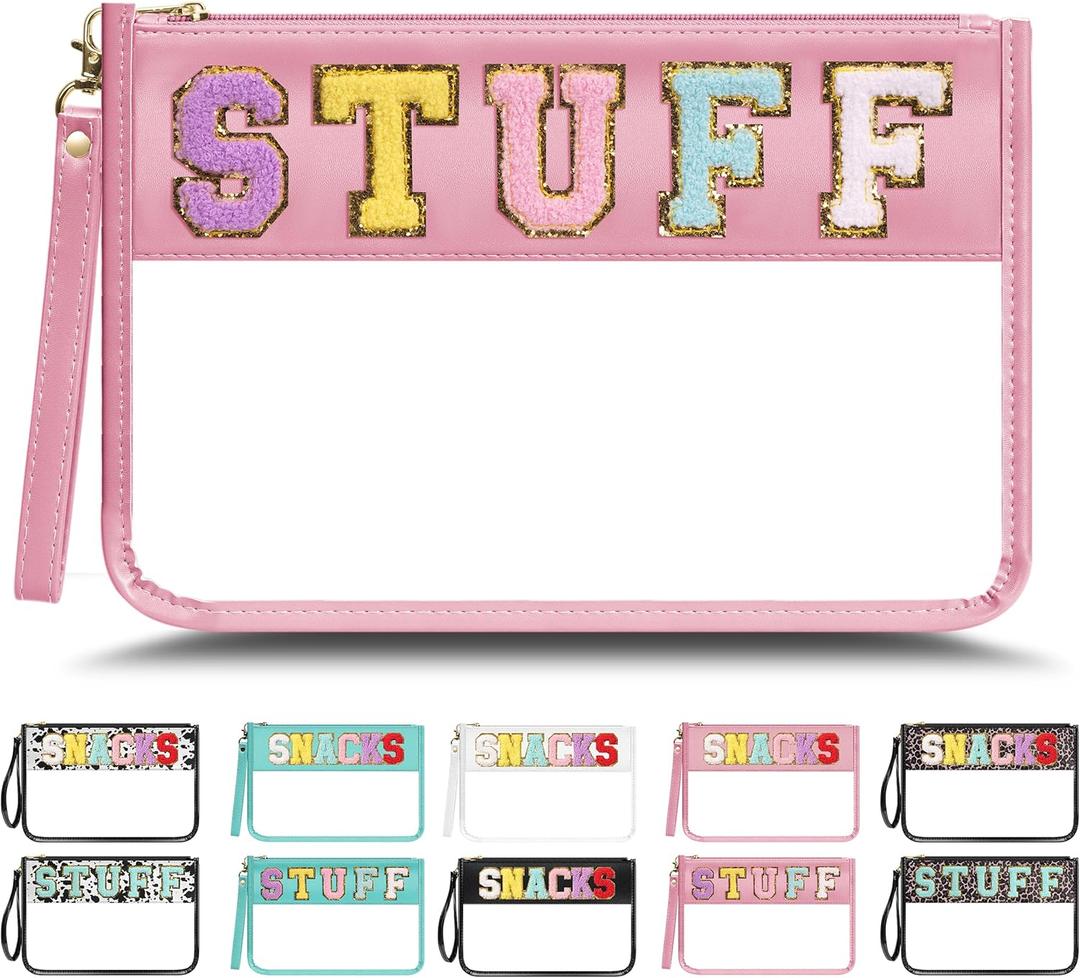 Chenille Letter Clear Zipper Pouch for Travel, Nylon Makeup Letter Bag, PVC Waterproof Cosmetic Bag, Snack Bags for Women Girls, Clear Stuff Bags For Travel (Pink-Stuff)