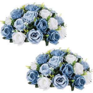 NUPTIO Large Artificial Flower Centerpieces - 2 Pcs 13.8in Diameter Dusty Blue & White Fake Flowers Roses Balls - Silk Faux Rose Arrangement for Tables Wedding Party Centerpiece Table Decorations