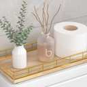 Toilet Paper Basket Organizer Oak Wood Toilet Tank Tray with Metal Frame, Bathroom Counter Top Storage for Toilet Paper, Wipes & Decor, Modern Narrow Back of Tank Shelf Organizer, Gold & Nature Oak