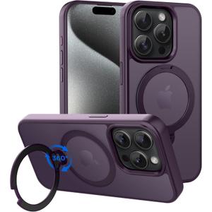 Magnetic Case for iPhone 15 Pro 6.1 inch with 360 Rotatable Ring Stand, Compatible with MagSafe Car Phone Mount, Cases Cover Phone Holder for Desk Meeting/Videos Dark Purple
