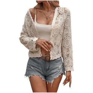 BEAUDRM Women's Cardigan Sweater Crochet Hollow Out Button Front V Neck Long Sleeve Knit Crop Sweater Top Medium BEAUDRM Women's Cardigan Sweater Crochet Hollow Out Button Front V Neck Long Sleeve Knit Crop Sweater Top Medium