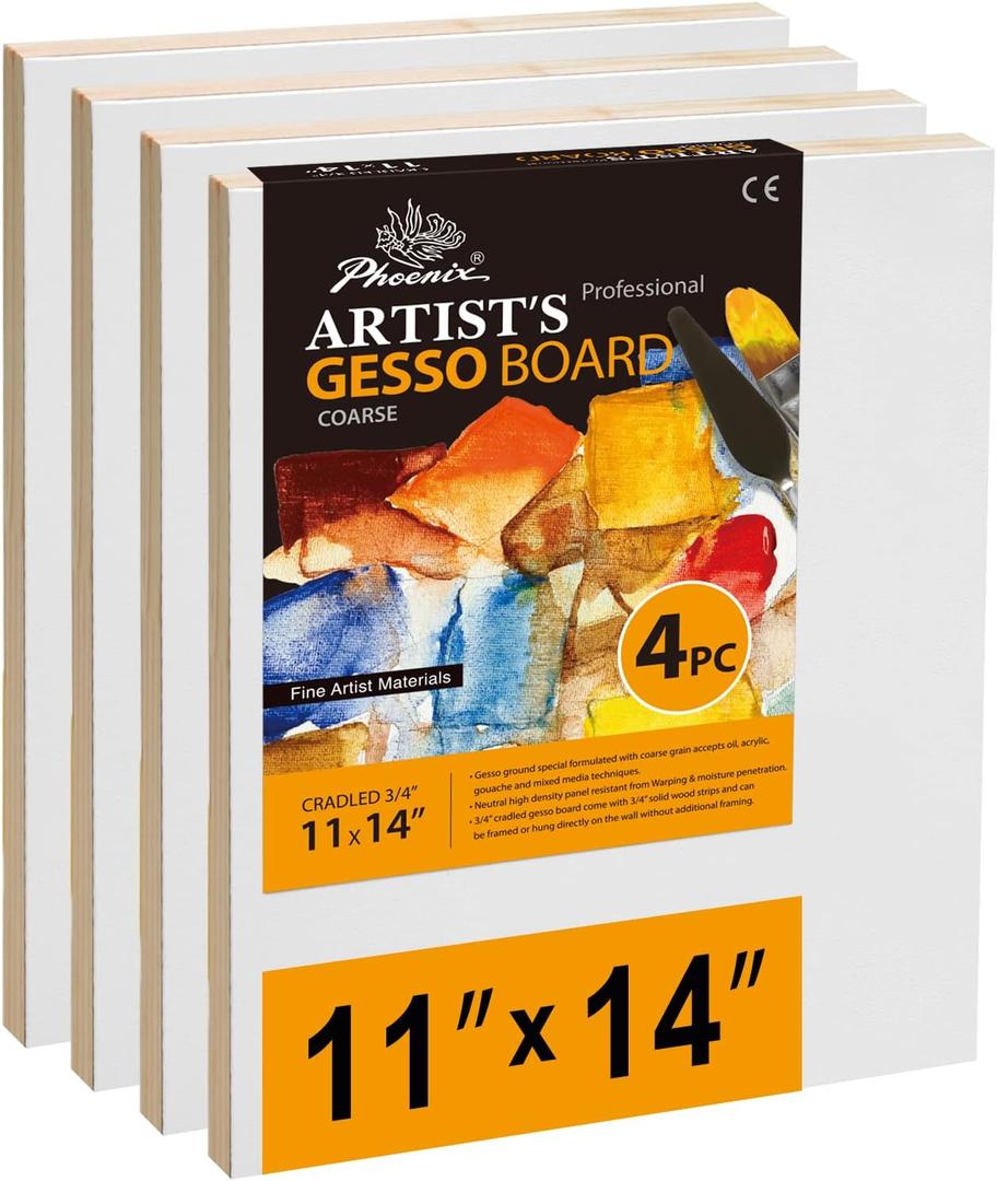 PHOENIX Gesso Boards for Painting - 11x14 Inch / 4 Pack - Coarse Surface 3/4 Inch Cradled Wood Panels for Oil & Acrylic Paints, Crafts & Pouring Art