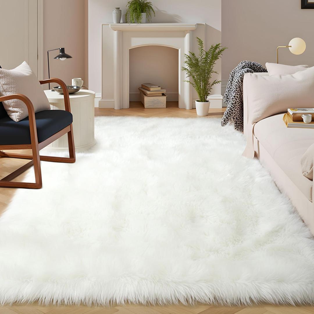 Latepis White Faux Fur Rug 8x10, Faux Fur Sheepskin Rug for Living Room, Fluffy Washable Fuzzy Rugs Carpet for Bedroom, Luxury Room Decor, Rectangle