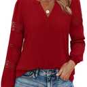 Uhiger Red Long Sleeve Shirt Women V Neck Top Dressy Casual Business Casual Outfits Plus Size Holiday Tops Vacation Outfits
