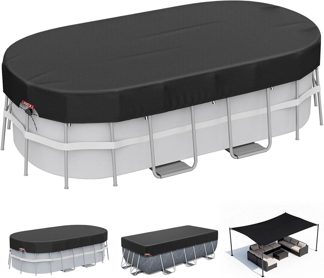 LXKCKJ 8x14 FT Rectangular Pool Cover for Above Ground Pool, Solar Oval Pool Cover Protector, Winter Pool Cover with Accessories Set Ideal for Cold and UV Resistant, Dustproof (Black)