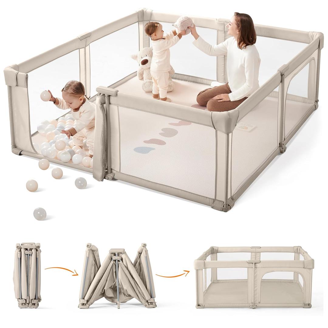 Sweeby Baby Playpen, 59x59 Inch Gate Foldable for Babies and Toddlers, Extra Large with Door Play Yard for Fence Indoor and Outdoor, Light Khaki