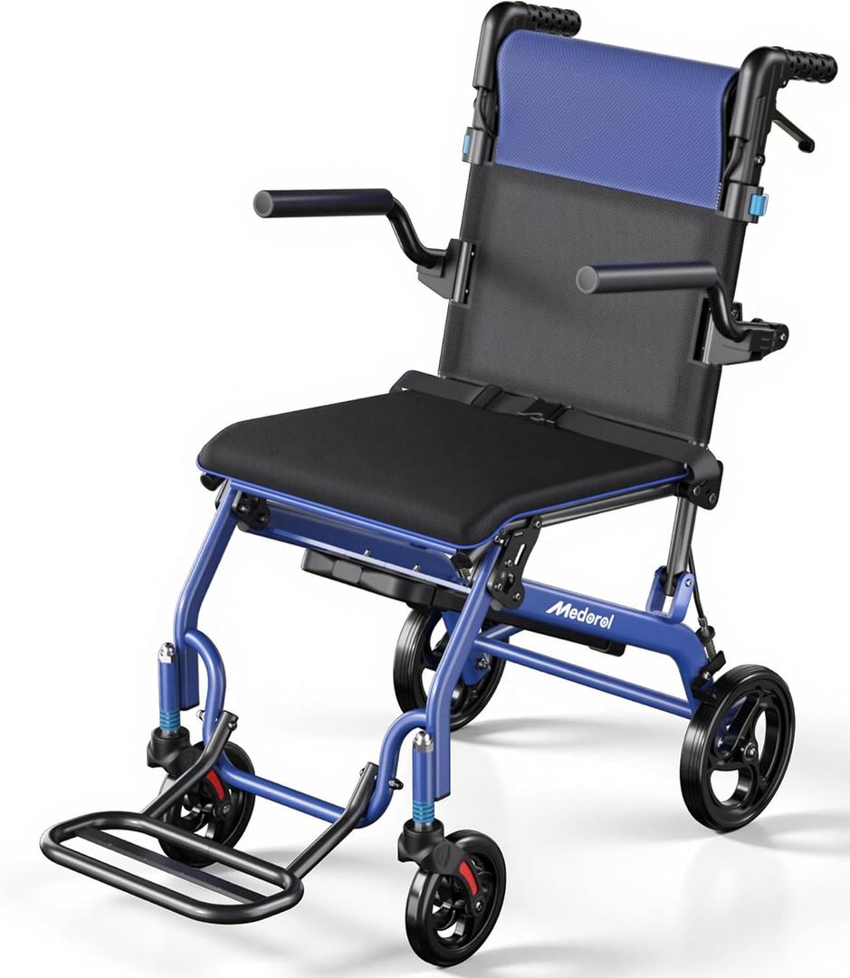 Lightweight Wheelchair for Adults, Transport Wheelchair Foldable Chair, Portable Ultra Light(Weighs Only 20.5 lbs) for Seniors, Elderly and Disabled, Blue