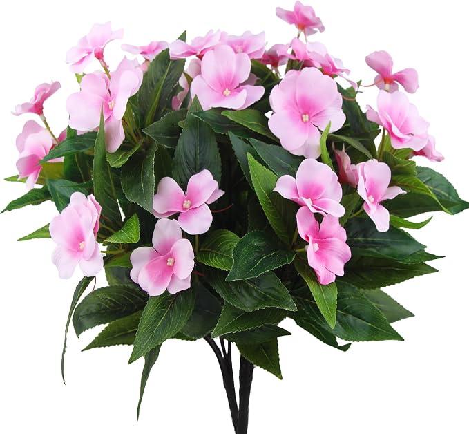 Waipfaru 10 Pcs Artificial Flowers for Outdoors, UV Resistant Faux Flowers for Outdoor Planters, Silk Impatiens Bouquet Pink Spring Artificial Plants for Garden Porch Patio Balcony Yard Decoration