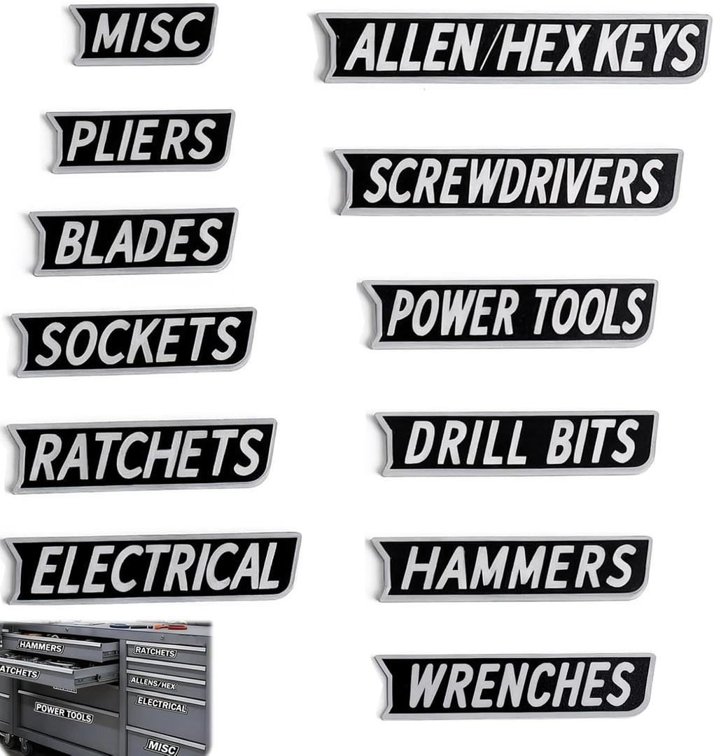 12 Pack Magnetic Toolbox Labels, 3D-Printed & Reusable Organizers for Steel Toolboxes, Carts & Drawers