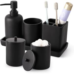 Resin 6 Pcs Black Bathroom Set Complete with Toothbrush Holder, Lotion Soap Dispenser, 2 Qtip Holder Dispensers,Vanity Tray,Bathroom Tumbler - Countertop Vanity Organizer - Bathroom Accessories Set