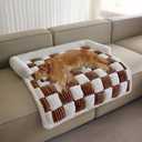 Couch Covers for Dogs and Cats, Fuzzy Dog Sofa bed with Cream Square Plaid, Plush Pet Couch Cover Bed, Thickened Quilted Furniture Protector Mat for Large Medium Pets (Dark Brown 35.43"*35.43")