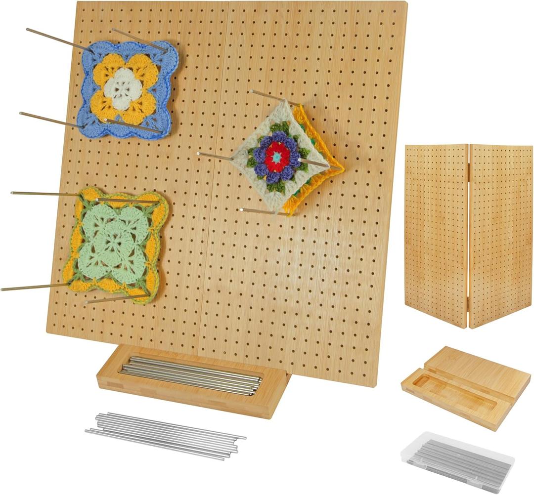 15.5" x 15.5"Foldable Crochet Blocking Board with Pins,Granny Square Blocking Board,Blocking Mats for Knitting with 35 5.9"Stainless Steel Rod Pins,Bamboo Crocheting Accessories Gifts for Crocheters