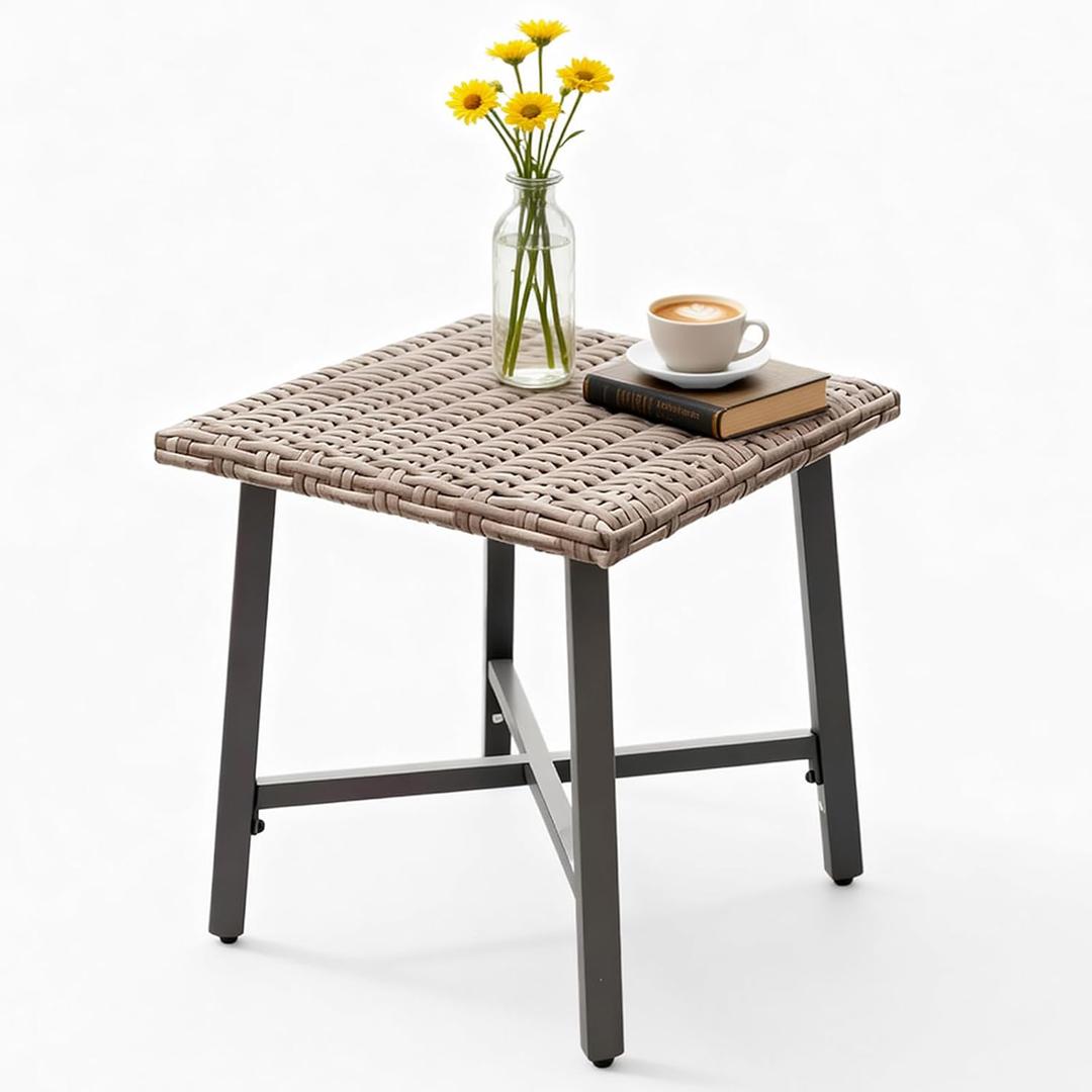 Outdoor Wicker Side Table,Small Square End Table, Patio PE Rattan Side Table Adopt Sturdy Galvanized Steel Frame for Balcony Porch Deck (Brown), 18.1" x 18.1" x 18.1"