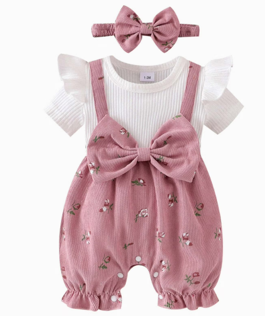 Newborn Baby Girls Outfit Corduroy Floral Bow Jumpsuit Short Sleeve Ruffle Romper+Headband Cute Fall Winter Clothes, 6-9 Months 