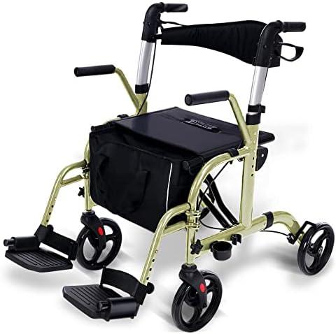 WINLOVE 2 in 1 Rollator Walkers for Seniors with Padded Seat- Medical Transport Chair Walker with Adjustable Handle and Reversible Backrest(Champagne)
