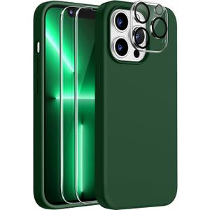 Dssairo [5 in 1 for iPhone 13 Pro Max Case 6.7 inch, with 2 Pack Screen Protector + 2 Pack Camera Lens Protector, Liquid Silicone Ultra Slim Shockproof Protective Phone Case (Alpine Green)
