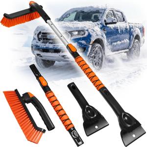 2-in-1 Upgrade 44" Extendable & Removable Snow Brush with Ice Scraper for Car Windshield, 360 Pivoting Brush Head, EVA Foam Grip for SUV, Trucks, Auto (Black-Orange)
