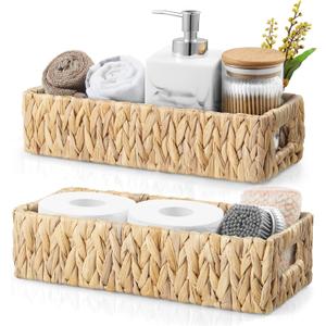 dreamkey Set of 2 Water Hyacinth Toilet Paper Storage Baskets, Wicker Bathroom Organizer for Toilet Tank Top, Small Hand-Woven Decorative Nesting Baskets with Handles