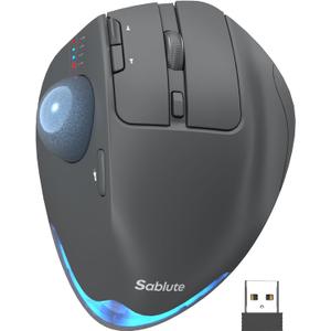 MAM1 Pro Wireless Trackball Mouse, Ergonomic Bluetooth Rechargeable Computer Mouse, Backlit Rollerball Thumb mice with 5 Level DPI, Adjustable Angle, 3 Devices Connection for PC, Windows - Gray Mouse