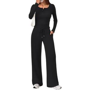 Trendy Queen Women's 2 Piece Matching Lounge Sets Fall Fashion Outfits Henley Neck Sweater Top Wide Leg Pants Sweat Suits M