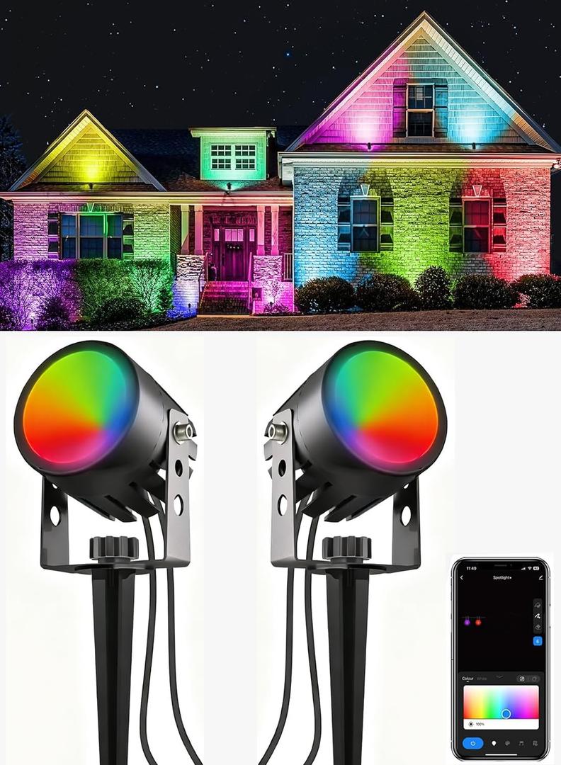 Ligency Spotlight Outdoor Smart Low Voltage Landscape Lights, 2 Pack Outdoor Spot Lights IP65 Waterproof RGBW Color Changing Spotlights for Yard Garden, 28.8Ft