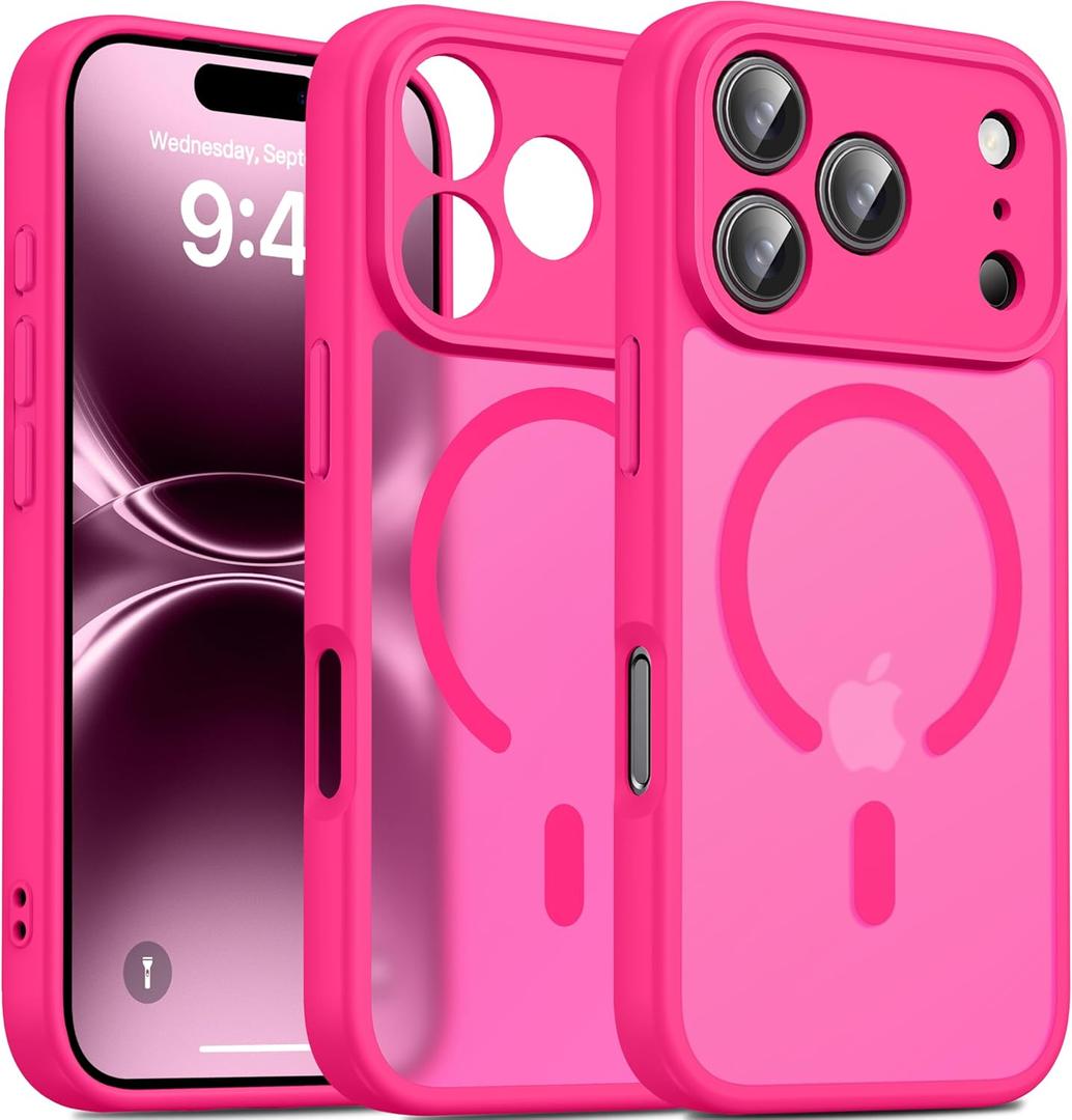 Oterkin Magnetic for iPhone 17 Pro Case Matte, Upgraded Full Camera Protection Compatible with MagSafe Frosted Translucent Shockproof Anti-Scratch Slim Fit Case Military Grade Protection (Hot Pink)