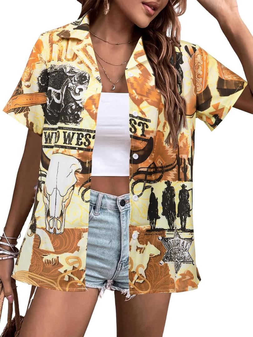 Western Shirts for Women Cowgirl Shirt Cowboy Graphic Button Down Country Concert Outfits Boho Short Sleeve Blouses XL