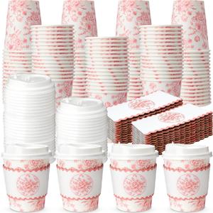 48 Sets Floral Paper Coffee Cups with Lids and Sleeves 8oz Vintage Flower Disposable Drinking Cups Bulk for Birthday Wedding Bridal Shower Tea Party Supplies (Pink)
