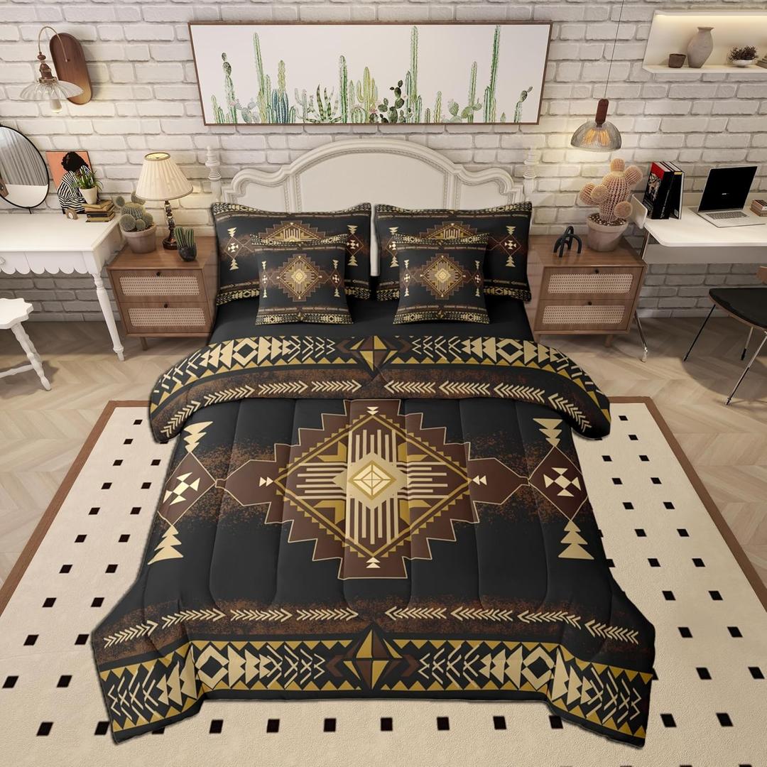 Castle Fairy Southwest Boho Kids 7 Pieces Comforter Set Queen Size,Vintage Native American Tribal Aztec Reversible Quilt Set,Abstract Black Brown Bedding Set with Comforter,Sheet,Pillowcase
