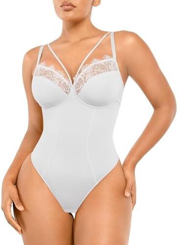 SHAPELLX Women's Shapewear Lace Bodysuit Tummy Control Thong Body Shaper Waist Sculpting V Neck Body Suits XL