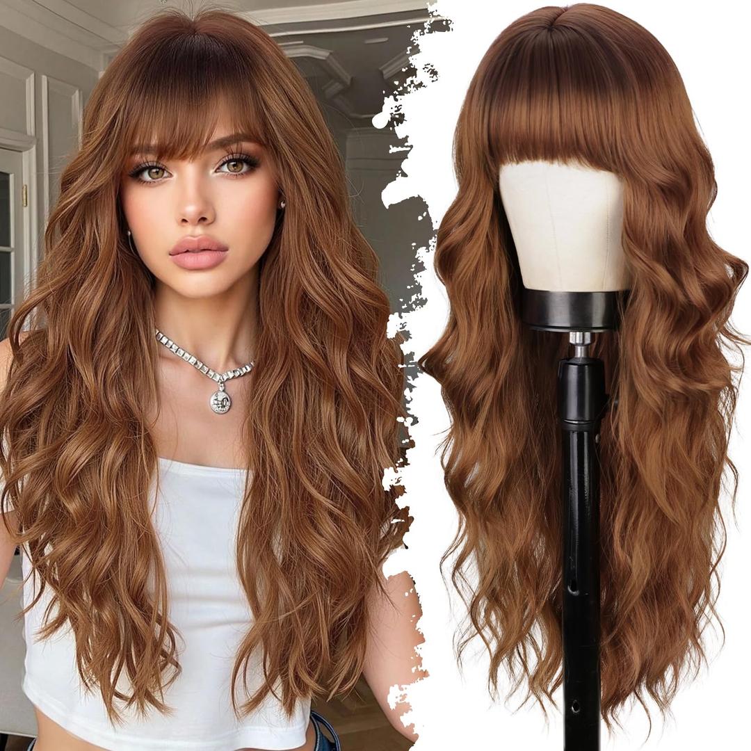 Lativ Auburn Wig with Bangs Long Wavy Ginger Wig Natural Looking Heat Resistant Synthetic Curly Full Wigs for Women Daily Use 26 Inches