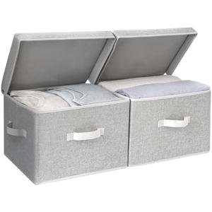 StorageWorks Fabric Storage Bins with Lid, Decorative Storage Boxes for Shelves, Stackable Closet Organizer Basket with Handles, Large, Gray, 2-Pack