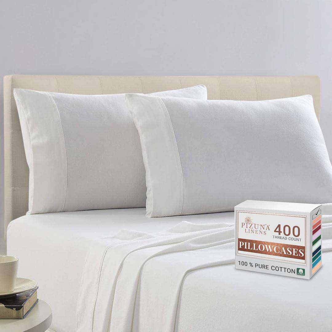 Pizuna Pure 100% Cotton Pillow Cases King Size Set of 2 White, Luxurious 400 Thread Count Long Staple Cotton Sateen with Envelope Closure (Combed White Cotton Pillow Cases King)